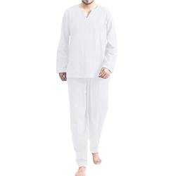 Beokeuioe Herren Baumwolle Leinen Schlafanzug Zweiteiliger Nachtwäsche Langarm Shirt und Loungehose mit V Ausschnitt Männer Pyjama-Set Retro Lange Ärmel T-Shirt von Beokeuioe