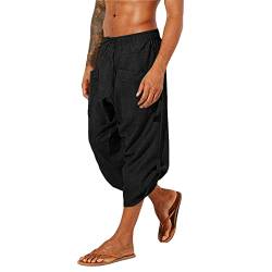 Beokeuioe Herren Loose Fit Pluderhose Leicht Boho Sommerhose mit Taschen Herren Kurz Hose 3/4 Leinenhose Baggy Pluderhose Mit Schnürung hose Wikinger Pirat Mittelalter Kostüm von Beokeuioe