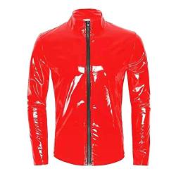 Beokeuioe Sexy Oberteil Herren Lack-Optik Jacke T-Shirt Slim Fit Latex Glänzend Tops Lack Leder mit Stehkragen Hippie Disco Party Clubwear LedermantelWetlook top von Beokeuioe