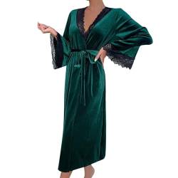 Damen Spa Robe Damen Goldener Samt Morgenmantel Langer Winter Saunamantel mit Besatz Spitze Kimono Federbesatz Manschetten Langer Bademantel mit Krawatte Frauen Roben von Beokeuioe