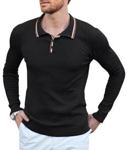 Beotyshow Herren Strick-Polohemden Langarm Pullover Polo Leichte Mode Lässig Kragen Gestreift Golf T Shirts, Schwarz-602, XL von Beotyshow