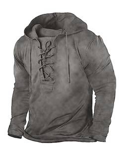 Beotyshow Herren Vintage Hoodie Langarm Shirt Männer Lace Up Hooded Langarmhemd Distressed Casual Outdoor Taktisch Pullover Hemd mit Kapuze von Beotyshow