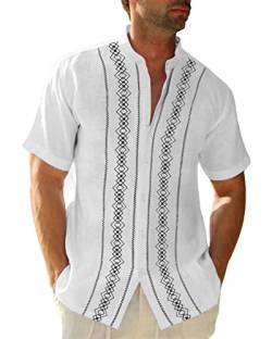 Cuban Guayabera Shirts für Herren Kurz/Langarm Casual Button Down Hemd Band Kragen Strand Camp Mexikanisches Hemd, Weiss/opulenter Garten, XX-Large von Beotyshow