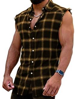 Herren Ärmellos Flanell Plaid Shirts Casual Button Down Cowboy Weste Shirts, A: Khaki, XX-Large von Beotyshow