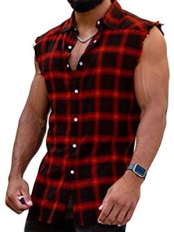 Herren Ärmellos Flanell Plaid Shirts Casual Button Down Cowboy Weste Shirts, A: Rot, XX-Large von Beotyshow