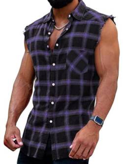 Herren Checkshirt Sleeveless Hemd Kariert Ärmellose Hemden Regular fit Flanellhemd Männer Sommer Baumwollhemd T-Shirt Tank Tops Freizeithemd von Beotyshow