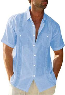 Herren Kurzarm Guayabera Leinenhemd Kuba Baumwolle Hemd Sommerhemd Freizeithemden mit Button-Down Kragen Lässig Männer T-Shirt von Beotyshow