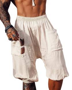 Herren Leinen Shorts 3/4 Länge Hosen mit Taschen Pluderhose Sommer Kurze Strandhose Haremshose Yoga Jogger Loose Fit Freizeithose für Männer von Beotyshow