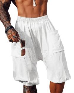 Herren Leinen Shorts 3/4 Länge Hosen mit Taschen Pluderhose Sommer Kurze Strandhose Haremshose Yoga Jogger Loose Fit Freizeithose für Männer von Beotyshow