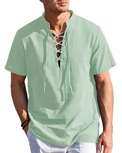 Herren Leinenhemd Kurzarm Schnürhemd Vintage Henley Pirate Shirt Männer Sommer Strandhemd Mitteralterhemd Ghillie Kilt Shirt von Beotyshow