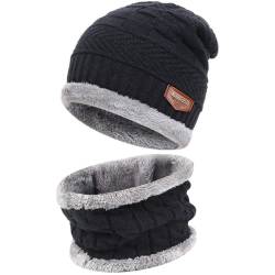 Bequemer Laden 2 Stücke Winter Beanie Mütze Schal Set Wolle Warme Strickmütze Dicke Fleecefutter Wintermütze & Schal für Herren und Damen, 1-Schwarz, Einheitsgröße von Bequemer Laden