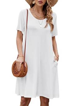 Bequemer Laden Damen Casual Sommer Tshirt Kleid Locker Rundhals Kurzarm Midi Kleider Knielang Elegant Sommerkleid Strandkleid mit Taschen, A Beige, M von Bequemer Laden