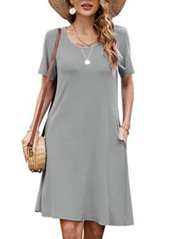 Bequemer Laden Damen Casual Sommer Tshirt Kleid Locker Rundhals Kurzarm Midi Kleider Knielang Elegant Sommerkleid Strandkleid mit Taschen, A Grau, M von Bequemer Laden