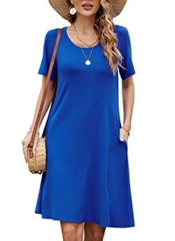 Bequemer Laden Damen Casual Sommer Tshirt Kleid Locker Rundhals Kurzarm Midi Kleider Knielang Elegant Sommerkleid Strandkleid mit Taschen, A Königsblau, XXL von Bequemer Laden