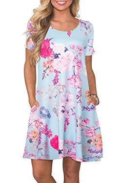 Bequemer Laden Damen Casual Sommer Tshirt Kleid Locker Rundhals Kurzarm Midi Kleider Knielang Elegant Sommerkleid Strandkleid mit Taschen, C Blumen 02, S von Bequemer Laden