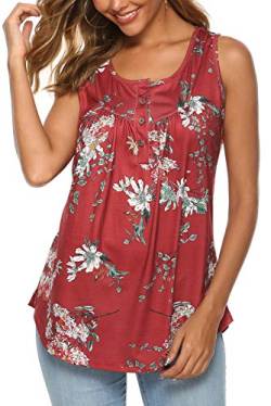 Bequemer Laden Damen Sommer Casual Tank Top Ärmellose T Shirt Knopfleiste Bluse Lose Oberteile Tunika Shirt Top mit Plissee, Y Blume Burgund, L von Bequemer Laden