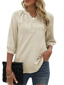 Bequemer Laden Damen V-Ausschnitt 3/4 Ärmel Bluse Knopfleiste Chiffon Tunika Casual Swiss Dot Oberteile Tshirt Tops für Sommer und Frühling 2023, Beige, L von Bequemer Laden