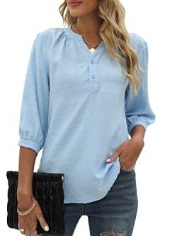 Bequemer Laden Damen V-Ausschnitt 3/4 Ärmel Bluse Knopfleiste Chiffon Tunika Casual Swiss Dot Oberteile Tshirt Tops für Sommer und Frühling 2023, Hellblau, S von Bequemer Laden