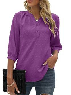 Bequemer Laden Damen V-Ausschnitt 3/4 Ärmel Bluse Knopfleiste Chiffon Tunika Casual Swiss Dot Oberteile Tshirt Tops für Sommer und Frühling 2023, Violett, XL von Bequemer Laden