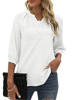 Bequemer Laden Damen V-Ausschnitt 3/4 Ärmel Bluse Knopfleiste Chiffon Tunika Casual Swiss Dot Oberteile Tshirt Tops für Sommer und Frühling 2023, Weiß, L von Bequemer Laden