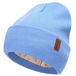 Bequemer Laden Damen Winter Warm Beanie Mütze Strickmütze mit Satin Gefüttert Thermo Wintermütze Lässig Mützen Cap, Denim Blau von Bequemer Laden