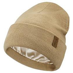 Bequemer Laden Damen Winter Warm Beanie Mütze Strickmütze mit Satin Gefüttert Thermo Wintermütze Lässig Mützen Cap, Khaki, Einheitsgröße von Bequemer Laden