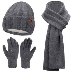 Bequemer Laden Damen Winter Warm Beanie Mütze Touchscreen Handschuhe Lange Schal Set mit Fleece Gefüttert und Pailletten, Wintermütze Strickmütze Beanie Schals für Damen und Herren, Dunkelgrau von Bequemer Laden