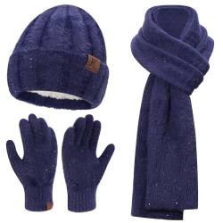 Bequemer Laden Damen Winter Warm Beanie Mütze Touchscreen Handschuhe Lange Schal Set mit Fleece Gefüttert und Pailletten, Wintermütze Strickmütze Beanie Schals für Damen und Herren, Navy Blau von Bequemer Laden