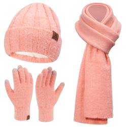 Bequemer Laden Damen Winter Warm Beanie Mütze Touchscreen Handschuhe Lange Schal Set mit Fleece Gefüttert und Pailletten, Wintermütze Strickmütze Beanie Schals für Damen und Herren, Rosa von Bequemer Laden