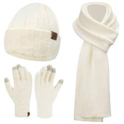 Bequemer Laden Damen Winter Warm Beanie Mütze Touchscreen Handschuhe Lange Schal Set mit Fleece Gefüttert und Pailletten, Wintermütze Strickmütze Beanie Schals für Damen und Herren, Weiß von Bequemer Laden