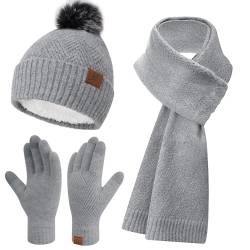 Bequemer Laden Damen Winter Warm Mütze Touchscreen Handschuhe und Lang Schal Set mit Dick Fleece Gefütterte, Thermo Wintermütze Strickmütze Beanie Schals Winterhandschuhe Strickhandschuhe, Grau von Bequemer Laden