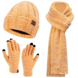 Bequemer Laden Damen Winter Warm Mütze Touchscreen Handschuhe und Lang Schal Set mit Fleece Gefütterte, Wintermütze Strickmütze Beanie Schals Winterhandschuhe Strickhandschuhe, Gelb von Bequemer Laden