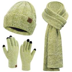 Bequemer Laden Damen Winter Warm Mütze Touchscreen Handschuhe und Lang Schal Set mit Fleece Gefütterte, Wintermütze Strickmütze Beanie Schals Winterhandschuhe Strickhandschuhe, Grün von Bequemer Laden