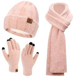 Bequemer Laden Damen Winter Warm Mütze Touchscreen Handschuhe und Lang Schal Set mit Fleece Gefütterte, Wintermütze Strickmütze Beanie Schals Winterhandschuhe Strickhandschuhe, Rosa Rot von Bequemer Laden