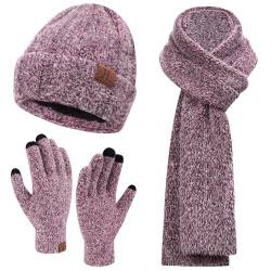 Bequemer Laden Damen Winter Warm Mütze Touchscreen Handschuhe und Lang Schal Set mit Fleece Gefütterte, Wintermütze Strickmütze Beanie Schals Winterhandschuhe Strickhandschuhe, Weinrot von Bequemer Laden