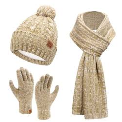 Bequemer Laden Damen Winter Warm Pompom Mütze Touchscreen Handschuhe Lang Schal Set mit Fleece Gefüttert, Wintermütze Beanie Strickmütze mit Bommel Schals Winterhandschuhe, Khaki von Bequemer Laden