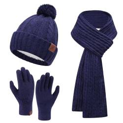 Bequemer Laden Damen Winter Warm Pompom Mütze Touchscreen Handschuhe Lang Schal Set mit Fleece Gefüttert, Wintermütze Beanie Strickmütze mit Bommel Schals Winterhandschuhe, Marineblau von Bequemer Laden