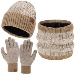 Bequemer Laden Herren Damen Winter Warm Beanie Mütze Touchscreen Handschuhe Loop Schal Set mit Fleece Gefüttert, Strickmütze Wintermütze Schlauchschal Winterhandschuhe, Y Khaki Weiß von Bequemer Laden