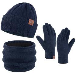 Bequemer Laden Herren Winter Warm Mütze Loop Schal und Touchscreen Handschuhe Set mit Fleece Gefütterte Thermo Wintermütze Strickmütze Schlauchschal Winterhandschuhe Geschenk für Männer, A Marine von Bequemer Laden