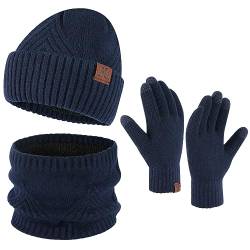 Bequemer Laden Herren Winter Warm Mütze Loop Schal und Touchscreen Handschuhe Set mit Fleece Gefütterte Thermo Wintermütze Strickmütze Schlauchschal Winterhandschuhe Geschenk für Männer, B Marine von Bequemer Laden