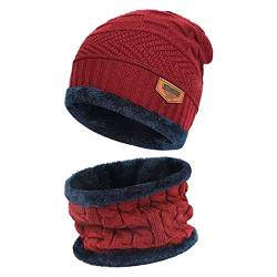 Bequemer Laden Kinder Winter Warm Mütze und Loop Schal Set mit Fleece Gefütterte für 3-8 Jahre Jungen Mädchen, Wintermütze Strickmütze Beanie Schlauchschal Halswärmer, Z Rot von Bequemer Laden