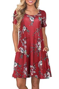 Bequemer Laden Sommerkleider Damen Casual Kurzarm T-Shirt Kleid Kurzen Blumen Bedrucktes Strandkleider mit Taschen, M, Weinrot von Bequemer Laden