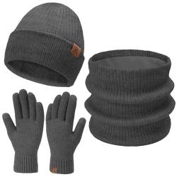 Damen Herren Winter Warm Beanie Mütze Loop Schal Schlauchschal Touchscreen Handschuhe Set mit Fleece Gefütterte Wintermütze Strickmütze Mützen Frauen Geschenk Weihnachten, (3 Stück) Dunkelgrau von Bequemer Laden