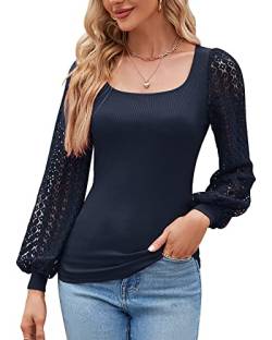 Damen Mesh Puffy Langarm Eckigem Ausschnitt Bluse Sexy Bodycon T-shirt Oberteile Top Sommer Frühling 2023, Dunkelblau, L von Bequemer Laden