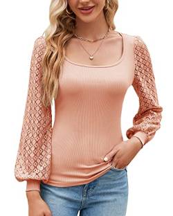 Damen Mesh Puffy Langarm Eckigem Ausschnitt Bluse Sexy Bodycon T-Shirt Oberteile Top Sommer Frühling 2023, Hell Rosa, M von Bequemer Laden