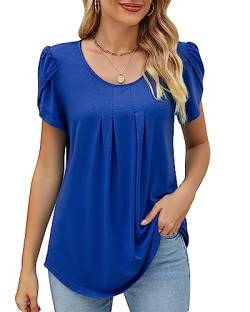 Damen Rundhals Blütenblätter Ärmel Bluse Elegant Geraffte Tunika Locker T-Shirt Oberteile Top Frühling Sommer 2023, A Königsblau, S von Bequemer Laden