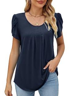 Damen Rundhals Blütenblätter Ärmel Bluse Elegant Geraffte Tunika Locker T-Shirt Oberteile Top Frühling Sommer 2023, A Marineblau, S von Bequemer Laden