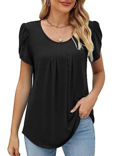 Damen Rundhals Blütenblätter Ärmel Bluse Elegant Geraffte Tunika Locker T-Shirt Oberteile Top Frühling Sommer 2023, A Schwarz, S von Bequemer Laden