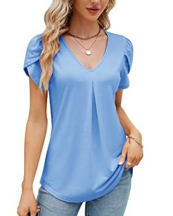 Damen Sommer Blütenblatt Kurzarm T-Shirt V-Ausschnitt Elegant Bluse Geraffte Bedruckte Tunika Oberteile Top 2023, A Blau, S von Bequemer Laden