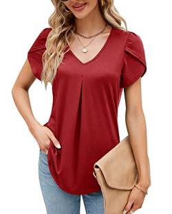 Damen Sommer Blütenblatt Kurzarm T-Shirt V-Ausschnitt Elegant Bluse Geraffte Bedruckte Tunika Oberteile Top 2023, A Rot, M von Bequemer Laden